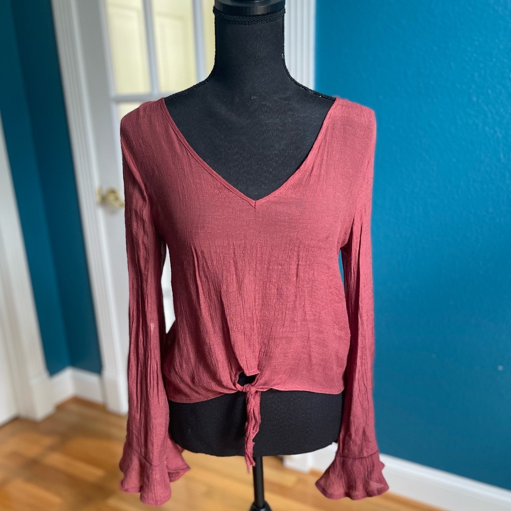 Charlotte Russe Rust Tie Front Ruffle Sleeve Top Small S